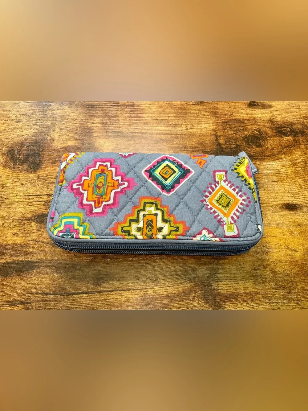 Vera Bradley Gray Quilted Wallet with Multicolor Aztec Print